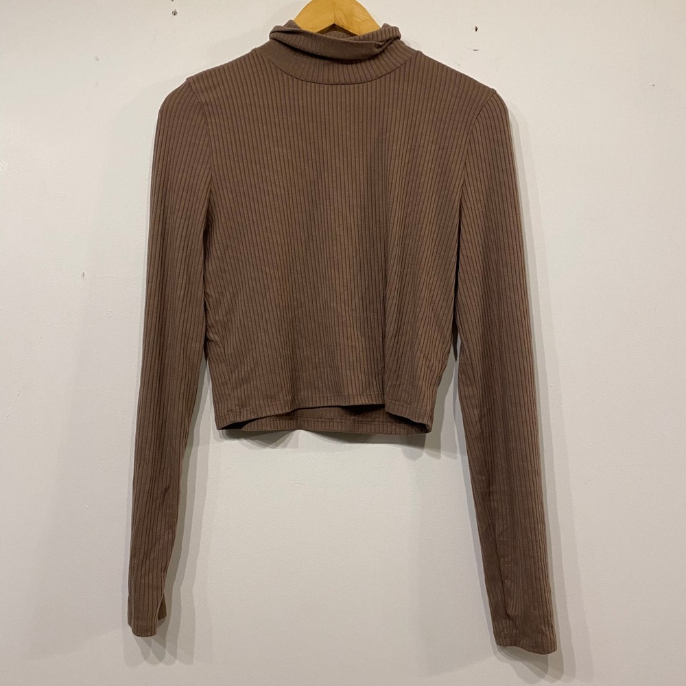 Madewell Brown Ribbed Turtleneck Cropped Long Sleeve Capsule Top Size Large